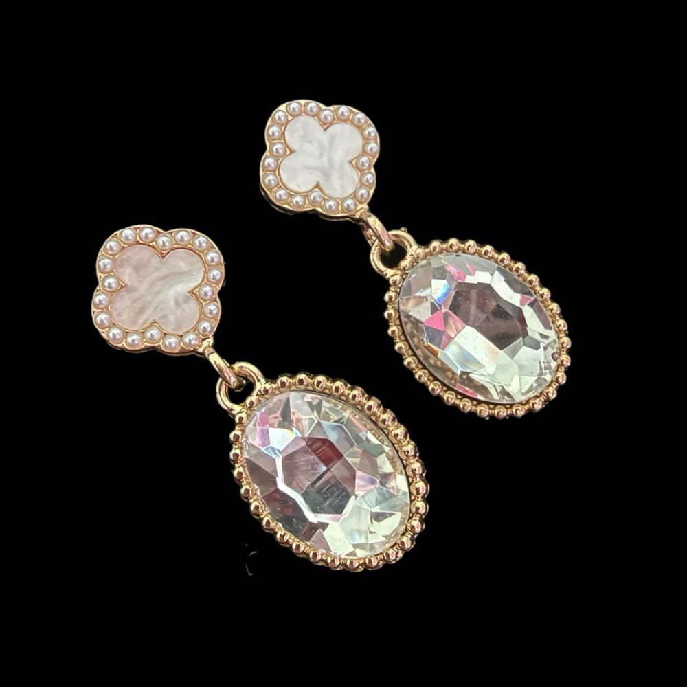 Iridescent Crystal Drop Earrings | Gold Pearl Trim Reworked Jewelry